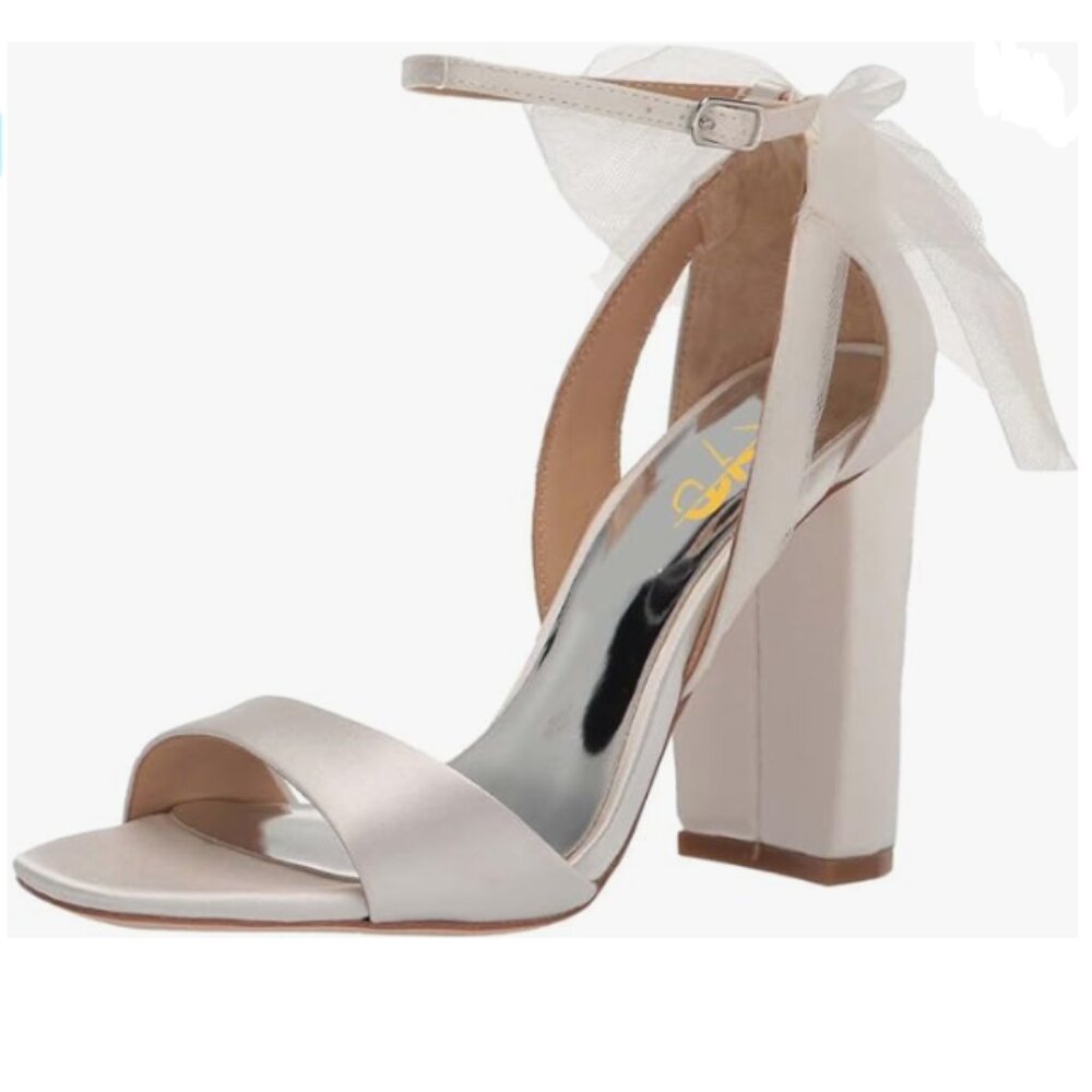XYD White Satin Open Toe Bridal Wedding Shoes Block High Heel Mesh Bow Sandals
